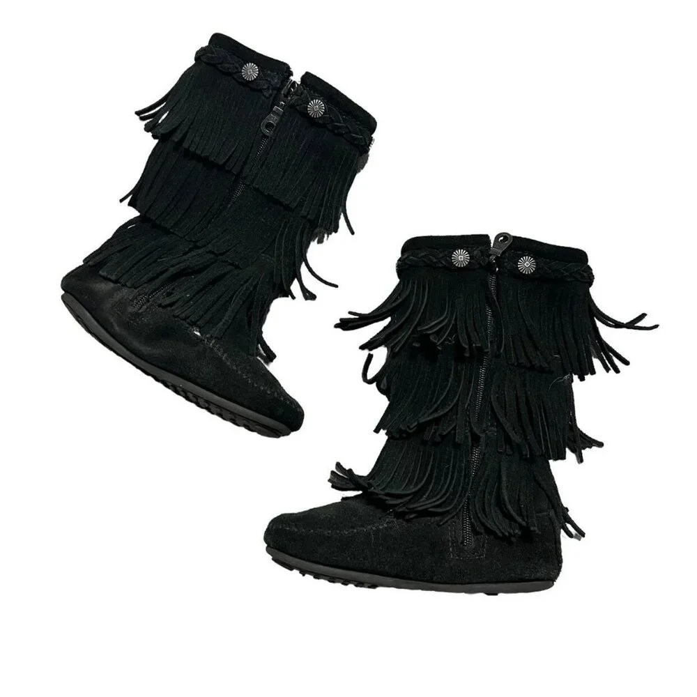 Minnetonka Sz 12 Black Suede Leather Fringe Boots